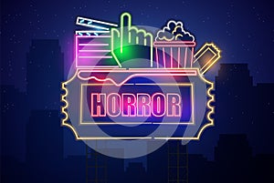 Horror movie cinema neon symbol Vector. Glowing sign dark background. Shinning billboard templates