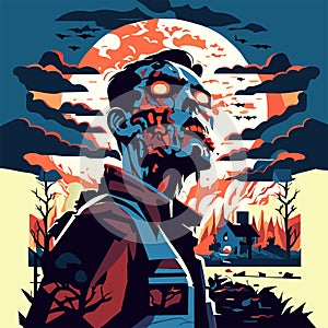 Horror movie scene with zombie. Vector illustration in flat style. AI generated