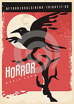 Horror movies retro poster design with black raven