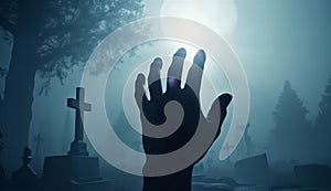 horror night hand moon creepy halloween cemetery fear zombie monster. Generative AI.