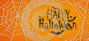 Horror style font with flying vampire bats and Happy Halloween text message. Vector Spider web isolated on orange