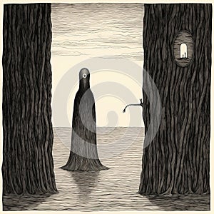 Horror Surrealism: Illustration Of A Person Trapped In Two Trees By The Water