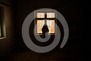 Horror woman in window wood hand hold cage scary scene halloween concept Blurred silhouette of witch. Horror theme