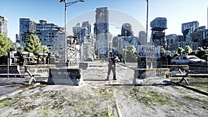 Horror zombie crowd walking. Destroyed city. Apocalypse view, concept. 3d rendering.