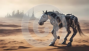 horse Animal robot walking through desert. A futuristic landscape with a silhouetted city on the horizon