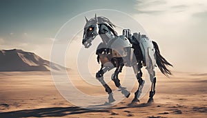 horse Animal robot walking through desert. A futuristic landscape with a silhouetted city on the horizon