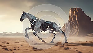 horse Animal robot walking through desert. A futuristic landscape with a silhouetted city on the horizon