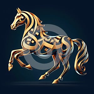 Horse with Arabic calligraphy on a black background. Vector illustration. 3d rendering of a golden horse on a black background.