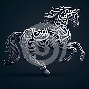 Horse with Arabic calligraphy on a black background. Vector illustration. 3d rendering of a horse in black on a black background