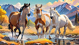 Horse band trotting upstream rocky creek bed grassland photo