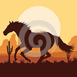 horse black running animal in the desert landscape