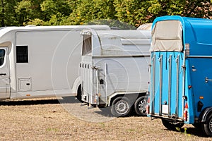 Horse box cargo trailer transport and horse transportation van at farm or ranch. Horsebox carriage lorry animal