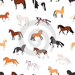 Horse breeding flat vector seamless pattern. Purebreed mares and stallions decorative texture. Thoroughbred racehorses