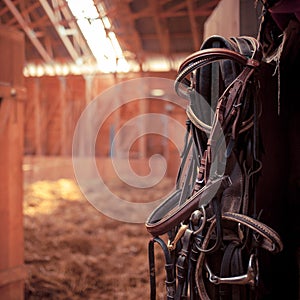 Horse bridles hanging in stable