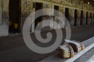 Horse brushes in a barn with empty horse stalls.