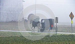 A horse and buggy is driving down a road in the rain