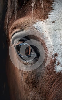 Horse in cage closeup image from zoo. Equine eye.