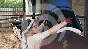 horse care. equestrian sport hobby. beautiful rider girl, horsewoman secures the saddle to her horse in the stable of