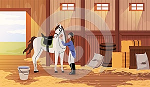 Horse care. Girl takes thoroughbred stallion car in racetrack stables, professional equestrian sport, woman washes and