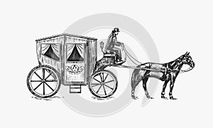 Horse carriage. Coachman on an old victorian Chariot. Animal-powered public transport. Hand drawn engraved sketch