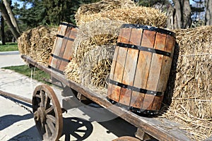 Horse carriage with hay and barrels