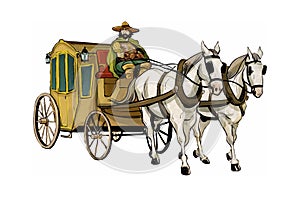 Horse carriage illustration with horses from the 17th century.