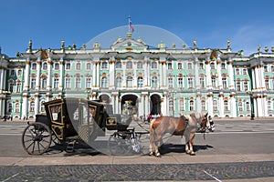 Horse carriage on Palace square and Hermitage museum, Saint Petersburg, Russia