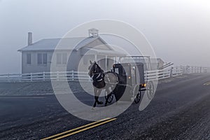 A Horse and Carriage Passes an Amish School House