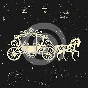 Horse-Carriage silhouette with horse. Vector illustration of brougham in baroque style. Vintage carriage on dark backgrou