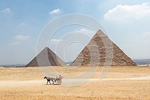 Horse carriage with tourists in front of the Great Pyramids of Giza, Egypt