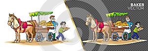 Horse carriage, uncle baker, boy taking bread to his house, storybook cartoon vector