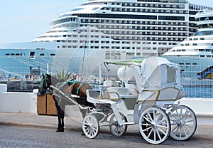 Horse carriages in front of cruise liners