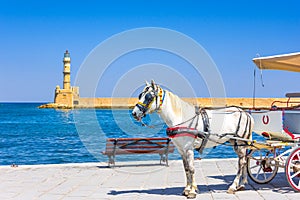 Horse carriages and lighthouse at the old harbor of Chania, Crete.