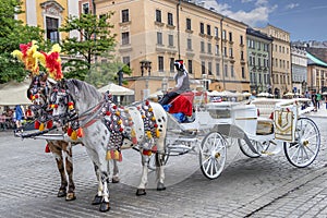 Horse carriages at main square in Krakow, Poland