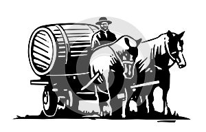 The horse carries a cart with a wine barrel and a driver