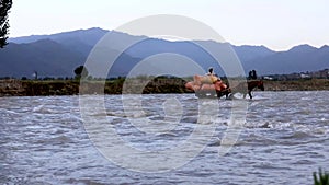 A horse cart with load crossing the flooding river