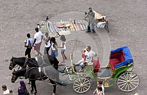 A horse and cart waits for customers at Djemaa el-Fna, the main square in the Marrakesh medina in Morocco.