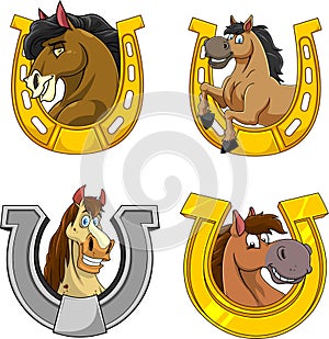 Horse Cartoon Mascot Characters In A Horseshoe. Vector Collection