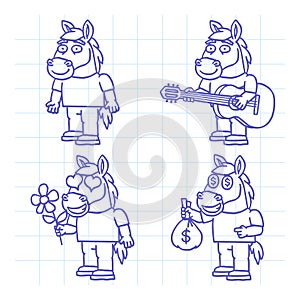 Horse character doodle set part three. Hand drawn character