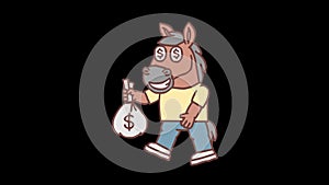 Horse character walks and holds bag of money. Frame by frame animation. Alpha channel