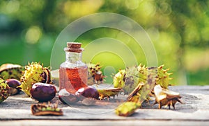 Horse chestnut extract in a bottle. selective focus.