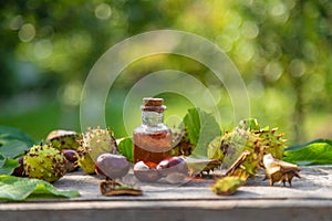 Horse chestnut extract in a bottle. selective focus.