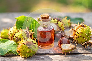 Horse chestnut extract in a bottle. selective focus.