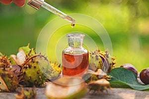 Horse chestnut extract in a bottle. selective focus.