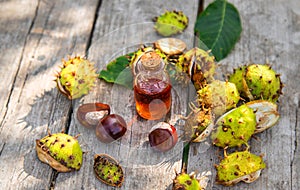 Horse chestnut extract in a bottle. selective focus.