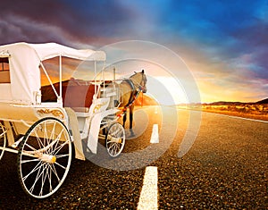 Horse and classic fairy tale carriage on asphalt road perspectiv