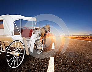 horse and classic fairy tale carriage on asphalt road perspective to beautiful land scape with sun rising sky