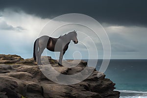 Horse on the cliff against stormy sky. 3d render photo