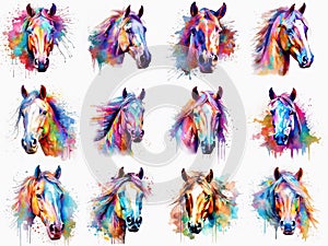 Horse collection, horses, watercolor illustration, isolated on white background, vivid colours. Generative ai