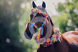 horse with a colorful neck wreath made of flowers and ribbons